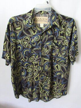 Maxx FM black green geo 100% rayon men's short sleeve casual shirt *Sz M*